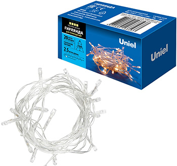 led гирлянда Uniel ULD-S0250-020/STA Warm White IP20 - внешний вид + упаковка