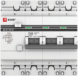 дифавтомат АД-32 3P+N 63А/30мА тип АС 4,5кА EKF - внешний вид