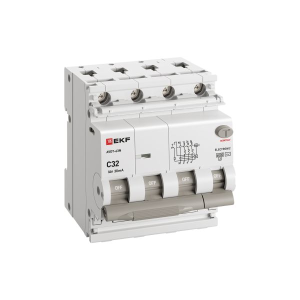 купить Дифавтомат 4Р 32А C тип AC 30мА 6кА 4мод АВДТ-63N EKF PROxima в Сыктывкаре Дифавтомат 4Р 32А C тип AC 30мА 6кА 4мод АВДТ-63N EKF PROxima