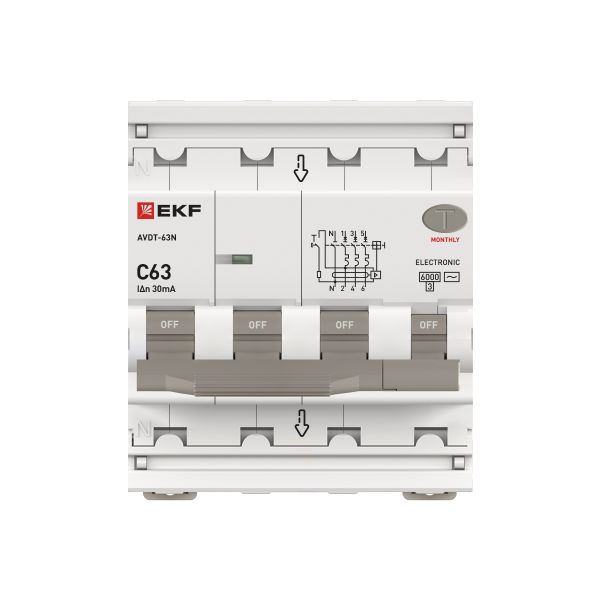 купить Дифавтомат 4Р 63А C тип AC 30мА 6кА 4мод АВДТ-63N EKF PROxima в Сыктывкаре Дифавтомат 4Р 63А C тип AC 30мА 6кА 4мод АВДТ-63N EKF PROxima