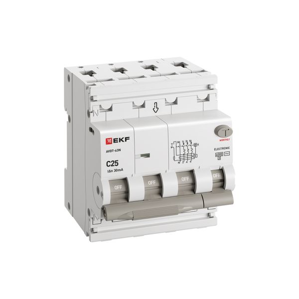 купить Дифавтомат 4Р 25А C тип AC 30мА 6кА 4мод АВДТ-63N EKF PROxima в Сыктывкаре Дифавтомат 4Р 25А C тип AC 30мА 6кА 4мод АВДТ-63N EKF PROxima