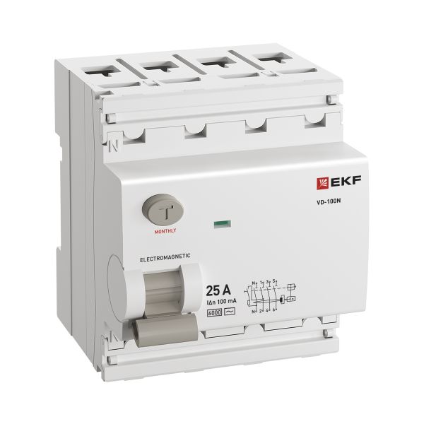 Выключатель дифференциальный (УЗО) 4Р 25А 100мА AC 6кА ВД-100N EKF PROxima