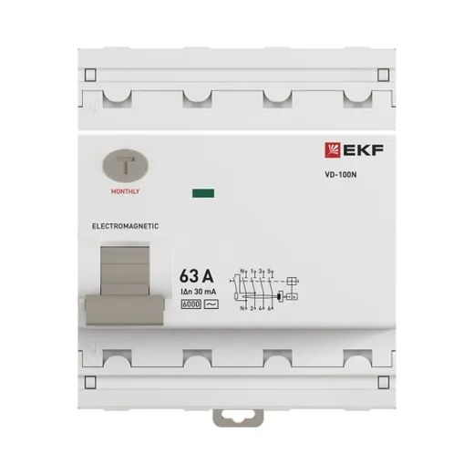 Выключатель дифференциальный (УЗО) 4Р 63А 30мА AC 6кА ВД-100N EKF PROxima