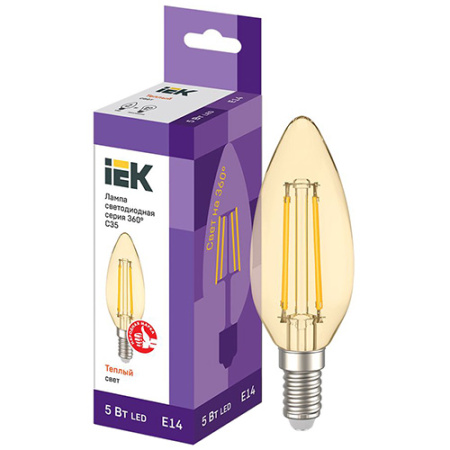 купить Лампа свеча свд Е14 5Вт 2700К 600лм С35 прозрачная золото филамент IEK  в Сыктывкаре Лампа свеча свд Е14 5Вт 2700К 600лм С35 прозрачная золото филамент IEK