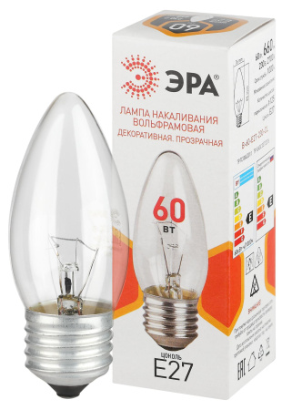 купить Лампа свеча накал Е27 60Вт 660лм прозрачная ЭРА в Сыктывкаре Лампа свеча накал Е27 60Вт 660лм прозрачная ЭРА