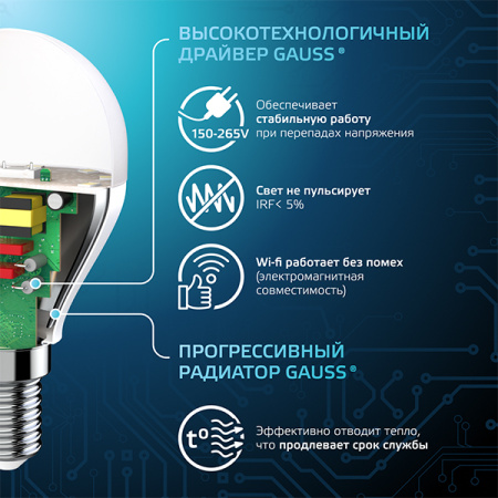 купить Лампа шар свд Е14 9,5Вт 4100К 950лм G45 матовый Gauss  в Сыктывкаре Лампа шар свд Е14 9,5Вт 4100К 950лм G45 матовый Gauss