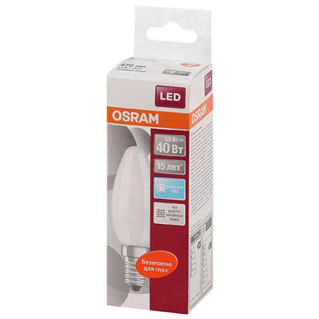 купить Лампа свд 220В E14 5Вт 4000К 470лм свеча B35 матовая Osram в Сыктывкаре Лампа свд 220В E14 5Вт 4000К 470лм свеча B35 матовая Osram