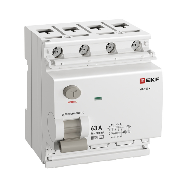 Выключатель дифференциальный (УЗО) 4Р 63А 300мА AC 6кА ВД-100N EKF PROxima