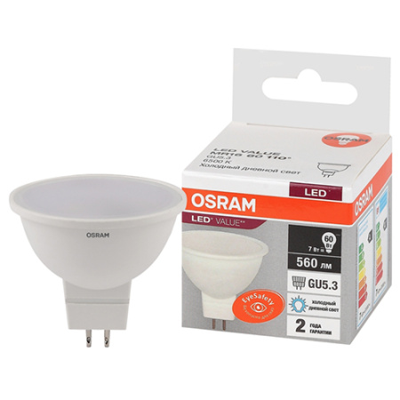 купить Лампа свд 220В GU5.3 7Вт 6500К 560лм MR16 матовая Osram LED Value в Сыктывкаре Лампа свд 220В GU5.3 7Вт 6500К 560лм MR16 матовая Osram LED Value