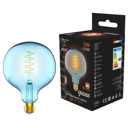 купить Лампа декор свд Е27 5Вт 1800К 190лм G125 голубая филамент Gauss  в Сыктывкаре Лампа декор свд Е27 5Вт 1800К 190лм G125 голубая филамент Gauss
