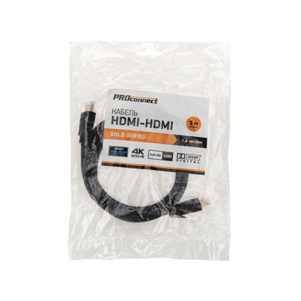 Кабель HDMI-HDMI 3м черный стандарт 1.4 Gold
