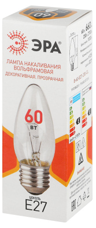 купить Лампа свеча накал Е27 60Вт 660лм прозрачная ЭРА в Сыктывкаре Лампа свеча накал Е27 60Вт 660лм прозрачная ЭРА