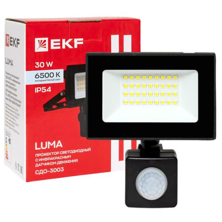 Прожектор свд 30Вт 6500К 2400лм черный IP65 110° Luma EKF датчик движения