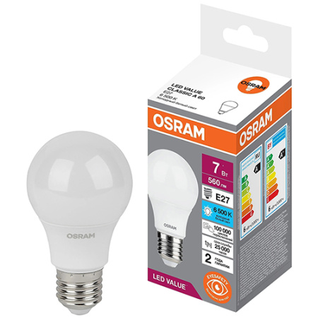 купить Лампа светодиодная 220В Е27 7Вт 6500К 560лм стандарт A60 матовая Osram LED Value  в Сыктывкаре Лампа светодиодная 220В Е27 7Вт 6500К 560лм стандарт A60 матовая Osram LED Value